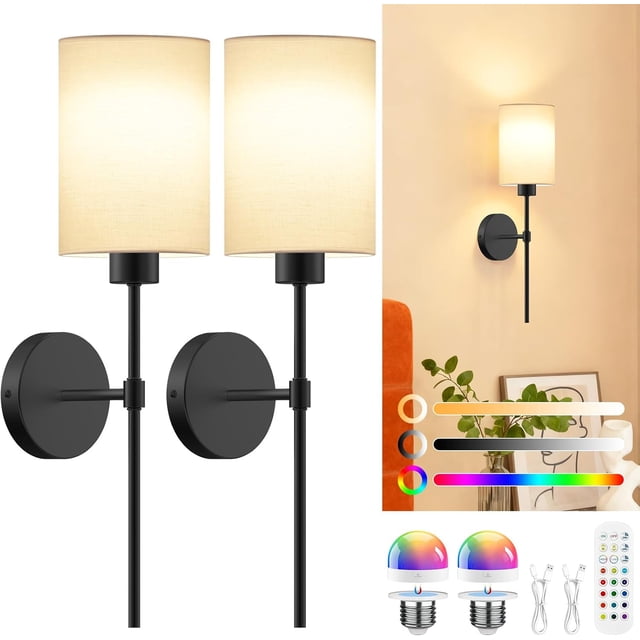 Lámparas de Pared Inalámbricas Juego de 2,KUAEAY Apliques de Pared Recargables con Bombillas y Remote Control, 12 colores RGB regulables, Luces para Decoración Dormitorio y Sala de Estar (Negro)
