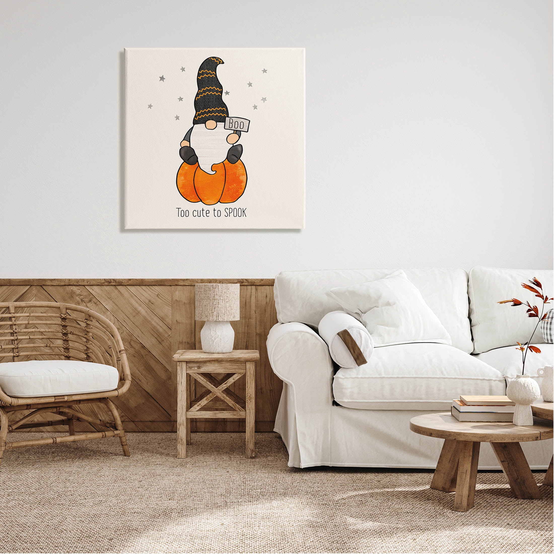 Too Cute To Spook Gnome Phrase Holiday Graphic Art Gallery Wrapped Canvas Print Wall Art