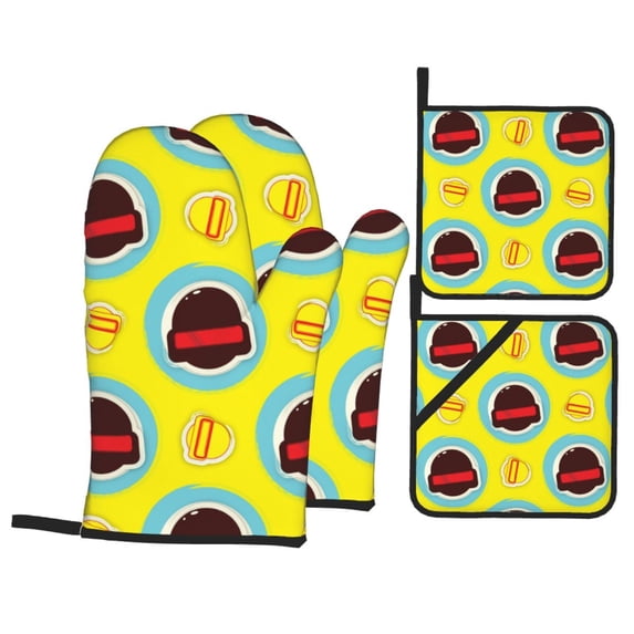 YFYANG Oven Mitts and Pot Holders Sets 4 Pieces, Non-Slip Heat Resistant Cartoon Steel Helmet Graffiti Kitchen Glove Pot Mat for Cooking and Baking
