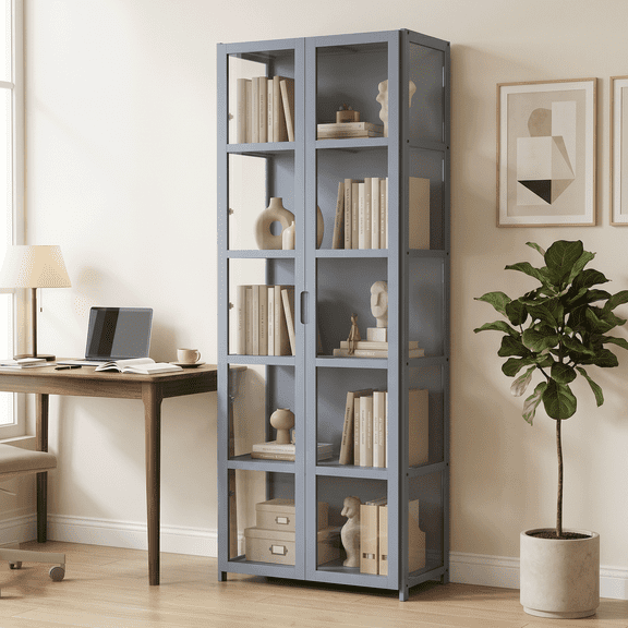 Magshion Modern 64" 5-Tier Transparent Display Cabinet with Acrylic Double Door, Floor Standing Showcase Bookshelf, Curio Cabinet Collection Display Case for Living Room Bedroom Home Office, Gray