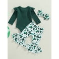 thumbnail image 5 of Musuos Baby Girl Spring Outfit 3 6 12 18M Solid Color Long Sleeve Crew Neck Romper Green Clover Print Flare Pants Bow Headband 3Pcs Set, 5 of 10