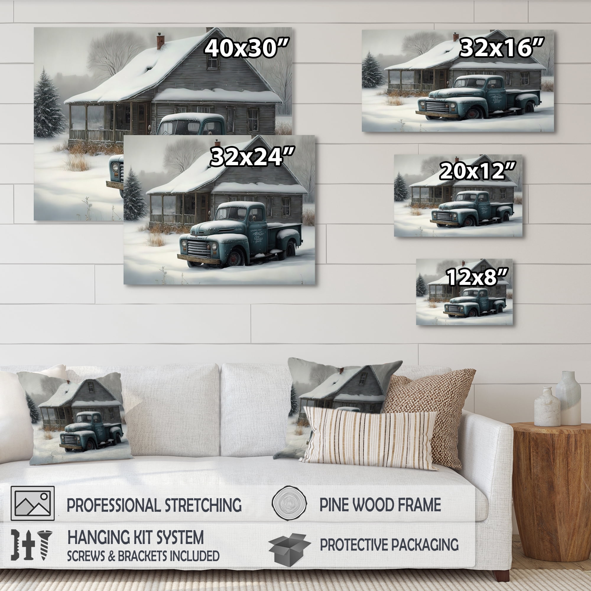 Designart Old Truck At The Barn In Winter IV Canvas Wall Art