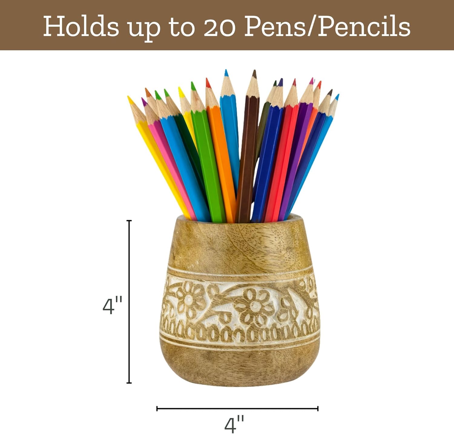 Designer Pencil Holder for Desk Wood | Paintbrush Holder Cup, Desk Accessories, Cute Make Up Brush Organizers | Office Desktop, Wooden Pen Stand | Stationary, Art Supplies | White-4''