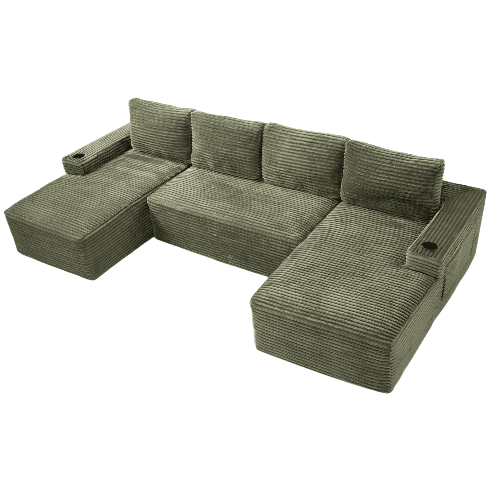 Compressible U-Shaped Sectional Sofa Set, Modern Modular Sectional Sofa with Built-in Cup Holders and Side Storage Pockets for Living Room No Assembly, Green