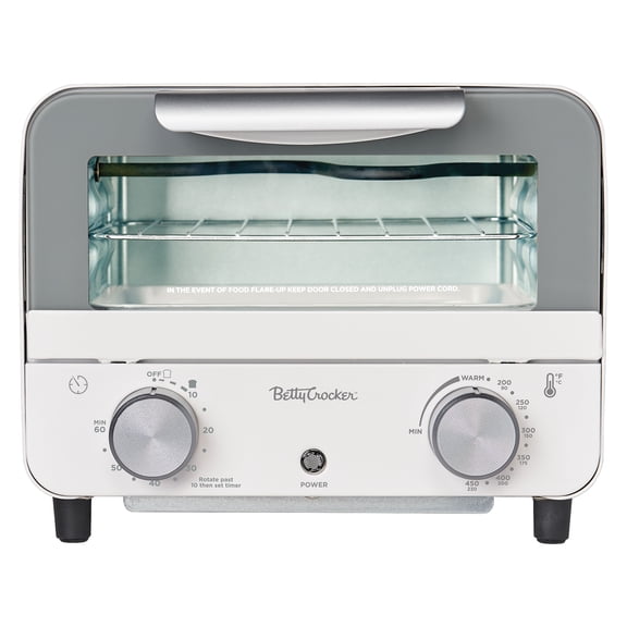 Betty Crocker 7-L Mini Toaster Oven/Compact Countertop Oven, 750 Watts, with Timer, Baking Tray, and Rack, BC-5629 , White
