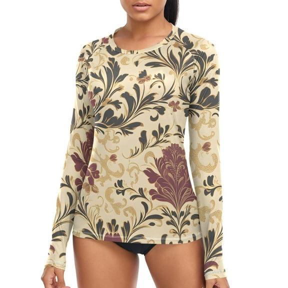 joogoo Womens UPF 50 Rash Guard Retro Flower Long Sleeve UV Protection Sun Shirts Tops S