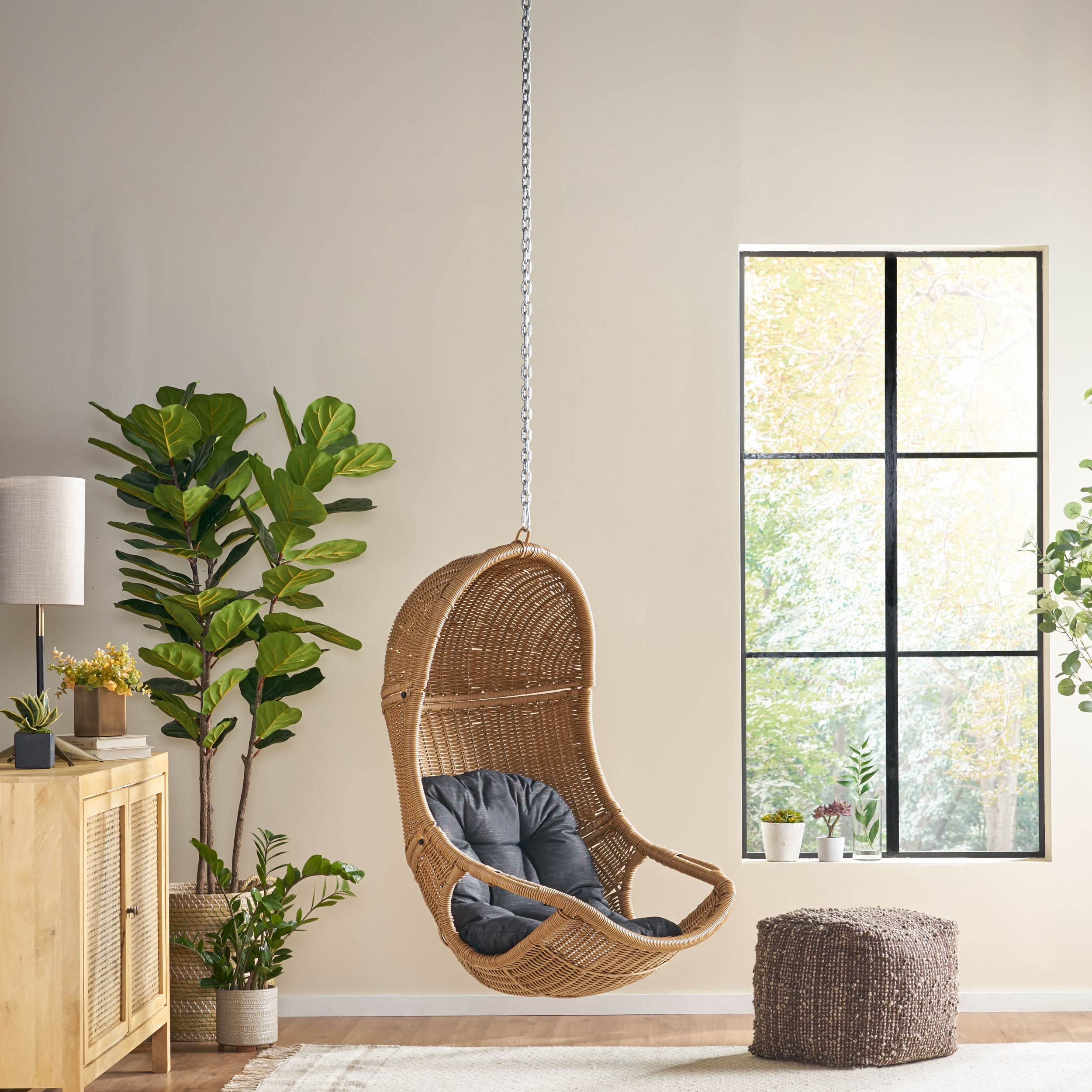Azlee Wicker Hanging Chair with Dark Gray Cushion, Light Brown (NO STAND)