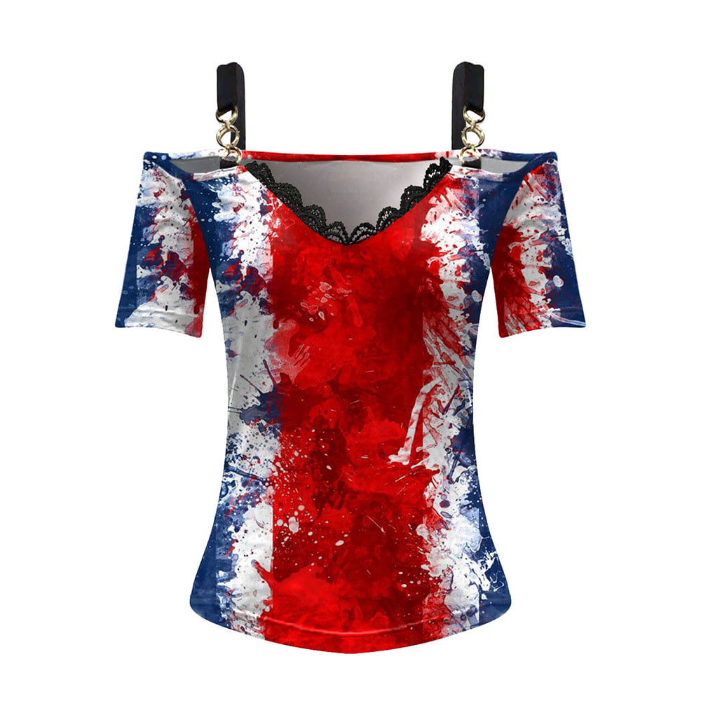 Mixpiju Summer Tops Women's V-Neck Loose Zipper Tank Off-the-shoulder Tops  Casual Printing Short Sleeve Blouse Red XL