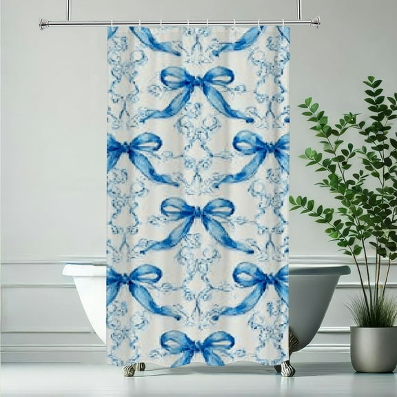 RKSupls Christmas Shower Curtain, Blue Bow Sign Curtain with Hooks for Christmas Home Bathroom Decor Washable Curtains, 36x72 in