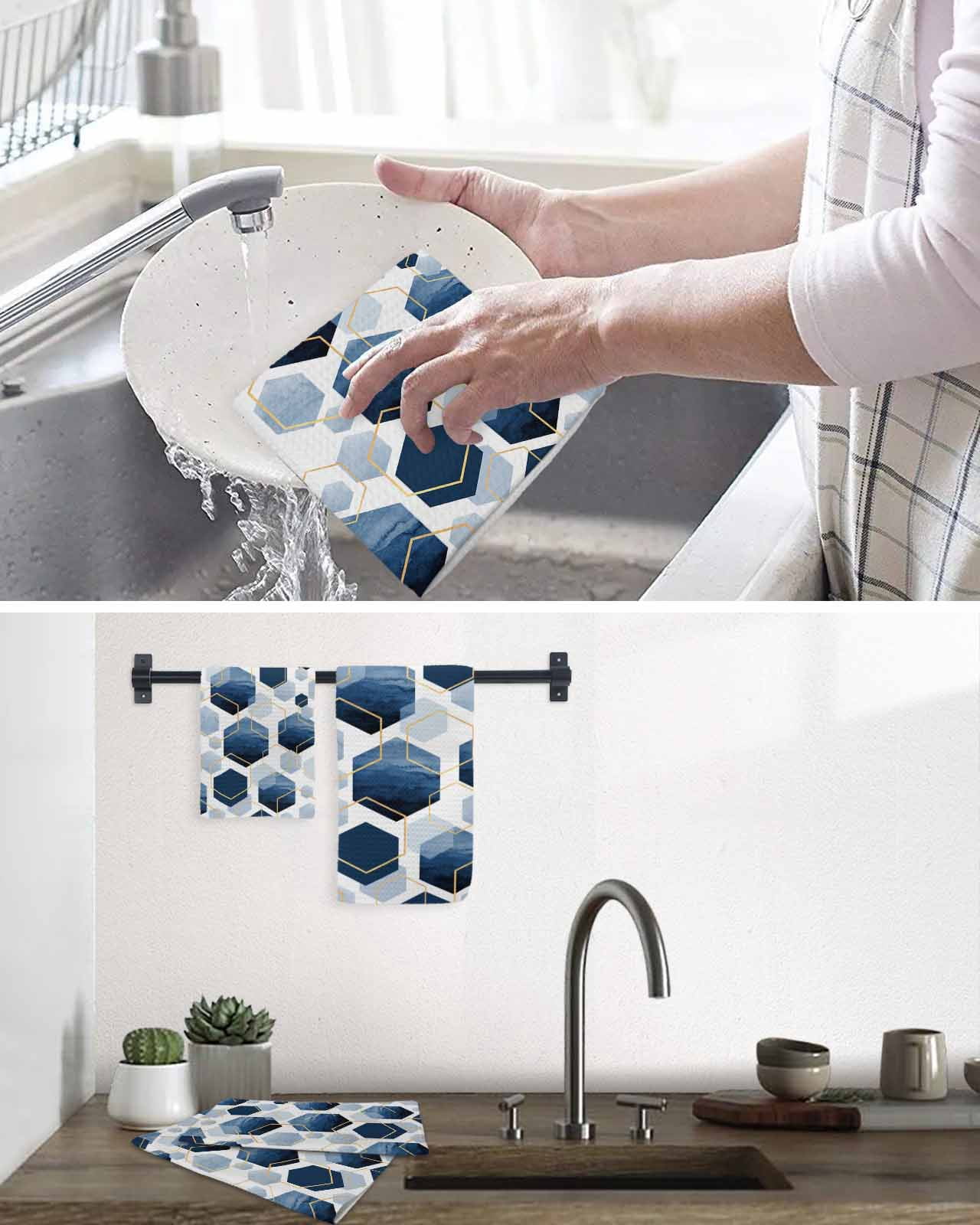 Navy Blue Marble Dish Towels Set, Waffle Weave Kitchen Towels 4 Pieces, Gold White Geometric Hexagon Modern Microfiber Hair Face Bath Tea Towel Absorbent Quick Drying Cleaning Dish Cloths 12"x12"