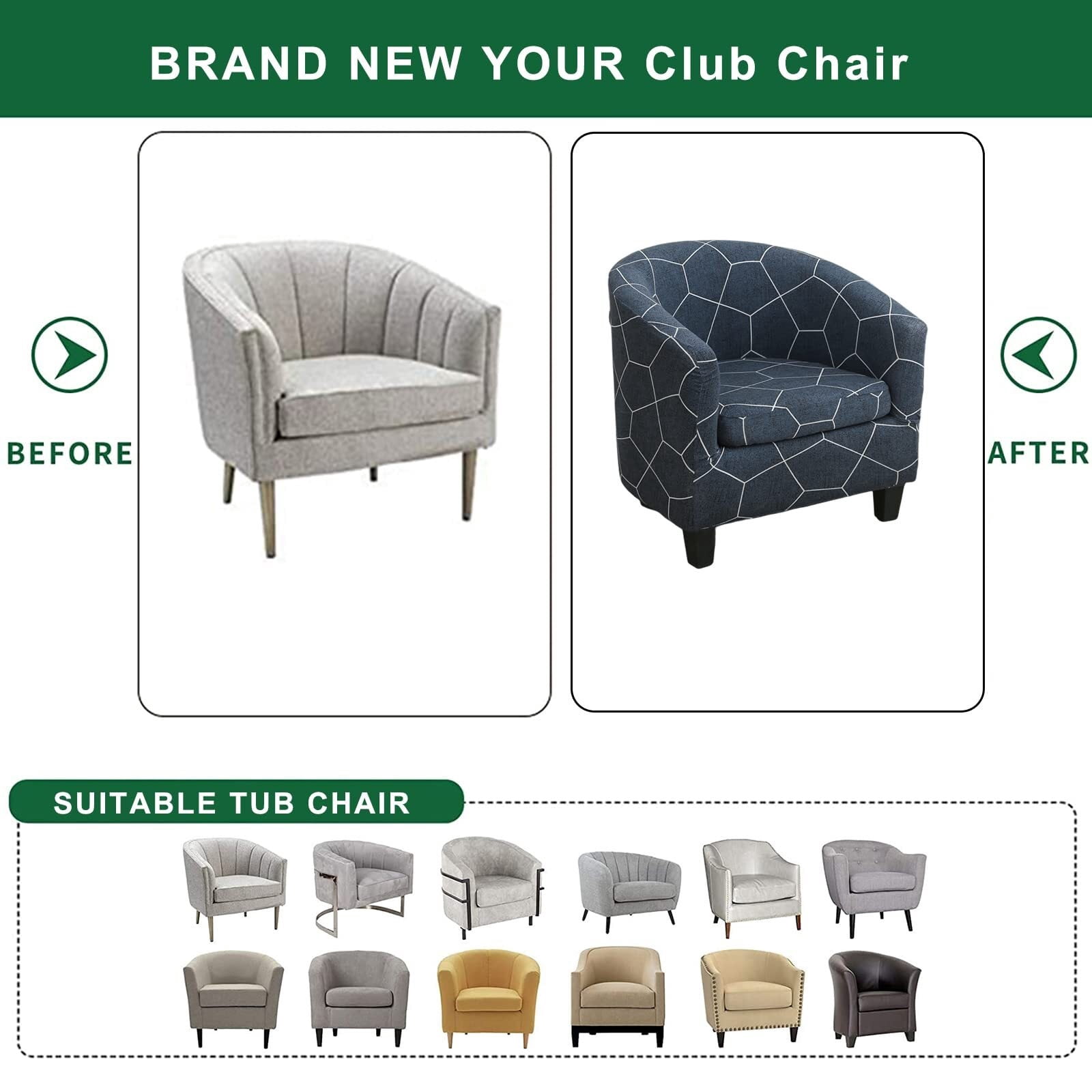 LKJYER Club Chair Slipcover 2 Piece Tub Chair Slipcover Stretch Barrel Chair Covers Printed Armchair Covers Removable Sofa Cover Couch Furniture Protector Arm Chair Cover for Living Room