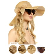 FUNCREDIBLE Wide Brim Sun Hats for Women - Floppy Straw Hat with Heart Shape Glasses - Foldable Large Summer Hat - Big Roll Up Beach Cap - UPF 50  ( Khaki )