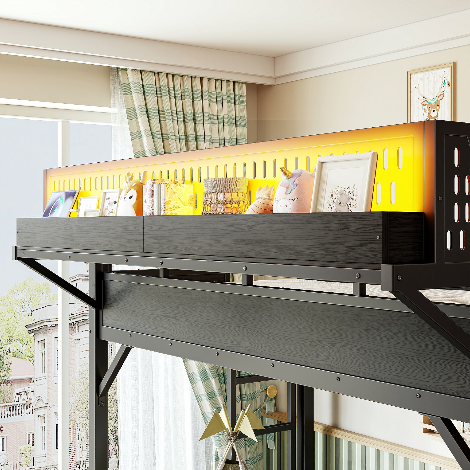 Leumius Twin XL Size Loft Bed with Slide,Storage Shelves and Built-in Wardrobe,Metal Loft Bed Frame with USB Ports and LED Lights,Pegboard,Safety and Solid,