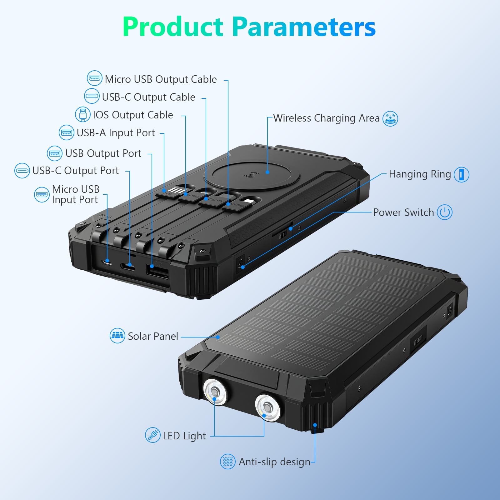 CATGOOD 20000mAh Solar Power Bank, 22.5W Fast Charging Portable Charger with 4 Built-in Cables & 10W Wireless Charging, Travel Battery Pack with Camping Flashlight(Black)