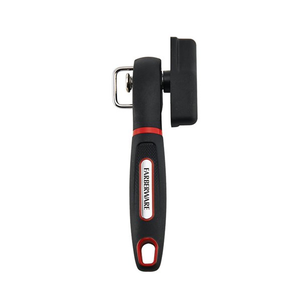 Farberware Soft Grip Safety Can Opener in Black with Red Accents