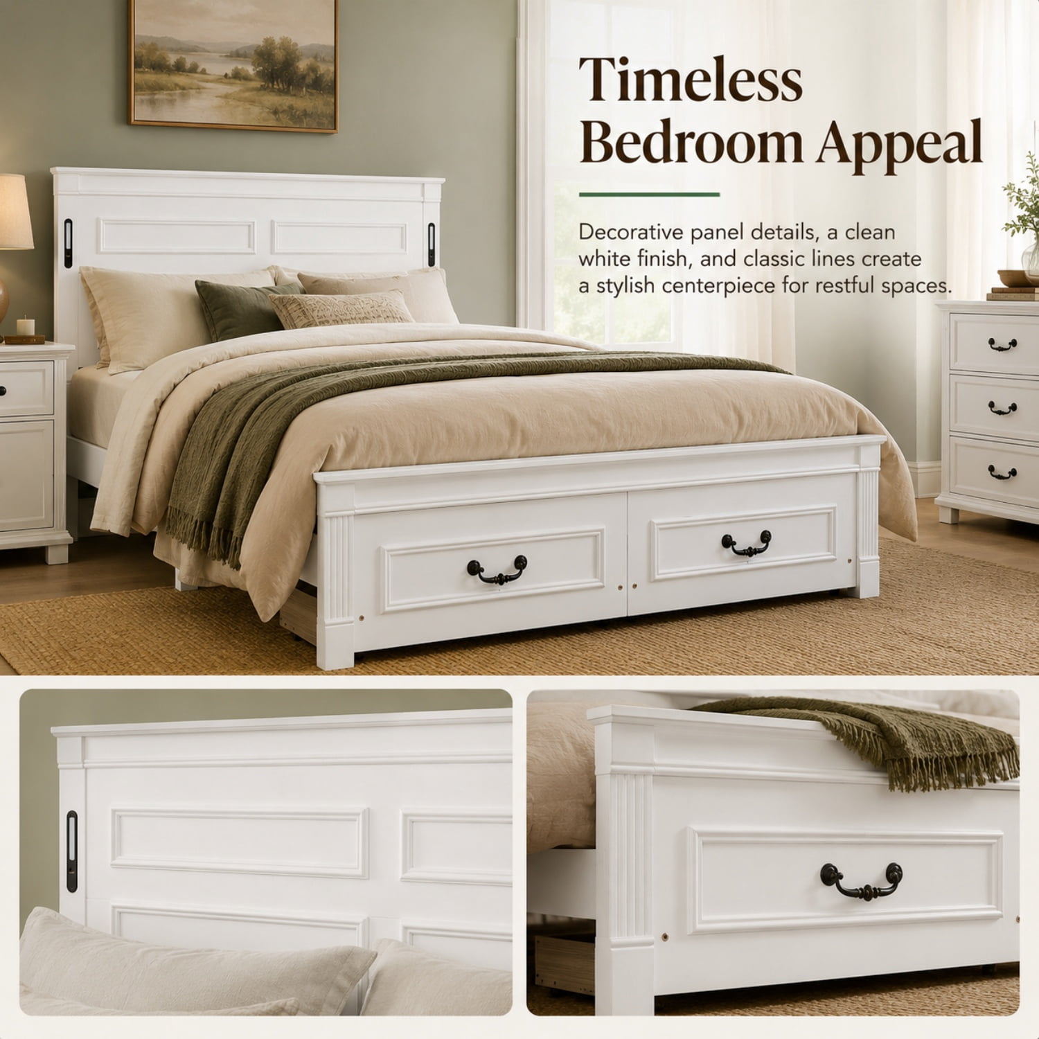 Miniyam Queen Farmhouse Storage Bed Frame with LED Headboard, USB & Type-C Charging, 2 Drawers, White