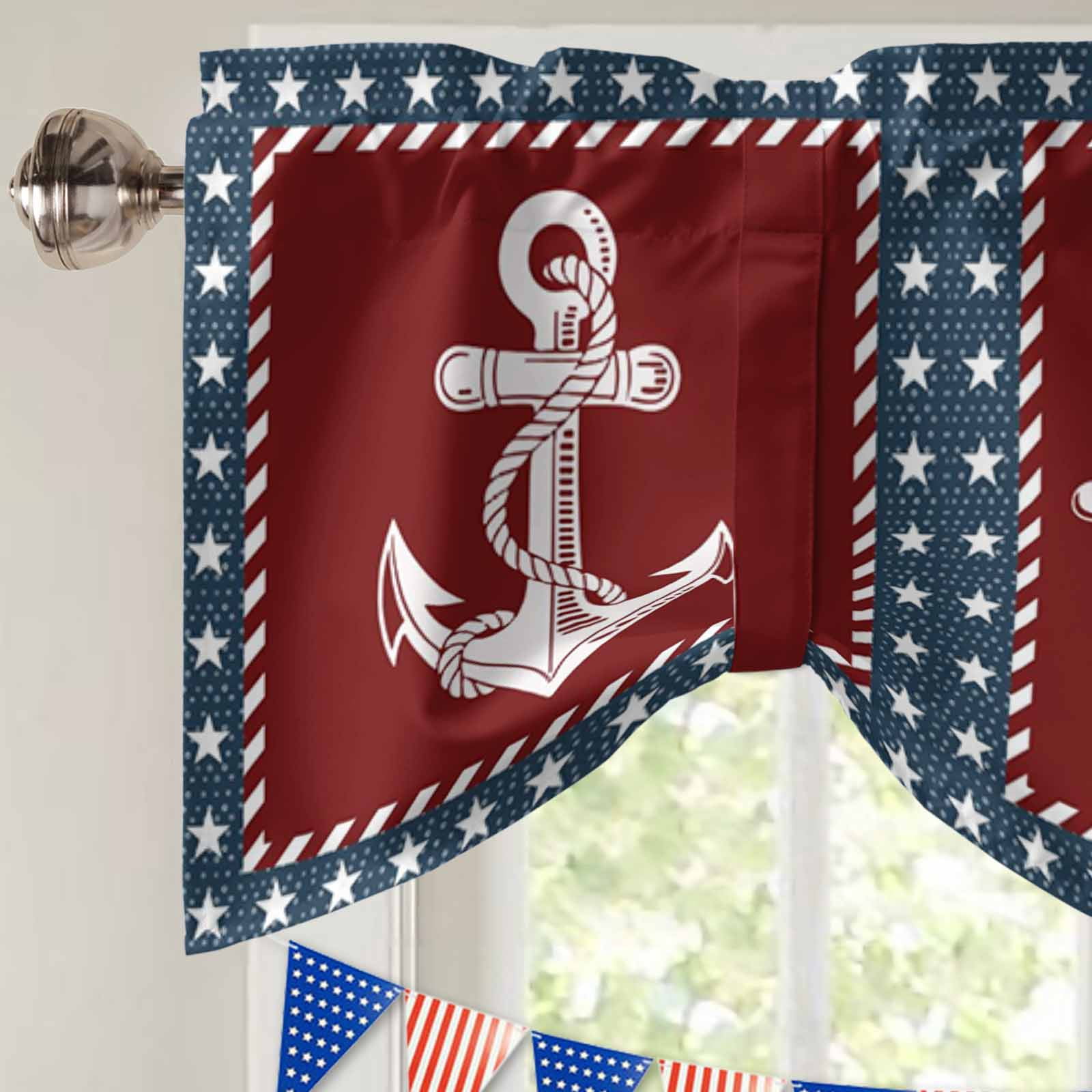 Independence Day Tie Up Valances Curtain, Adjustable Kitchen America Flag Star Ocean Lighthouse Anchor Rudder Valances for Windows Decor, Rod Pocket Short Curtains Set for Bedroom/Bathroom, 54"x18"