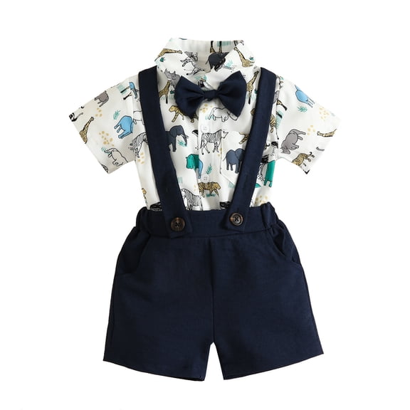 Karoyedx Boys Christening Outfits Toddler Baby Boy Clothes Suit Gentleman Wedding Outfits Formal Dress Shirt with Bowtie Suspender Pants Navy Size,12-18 Months