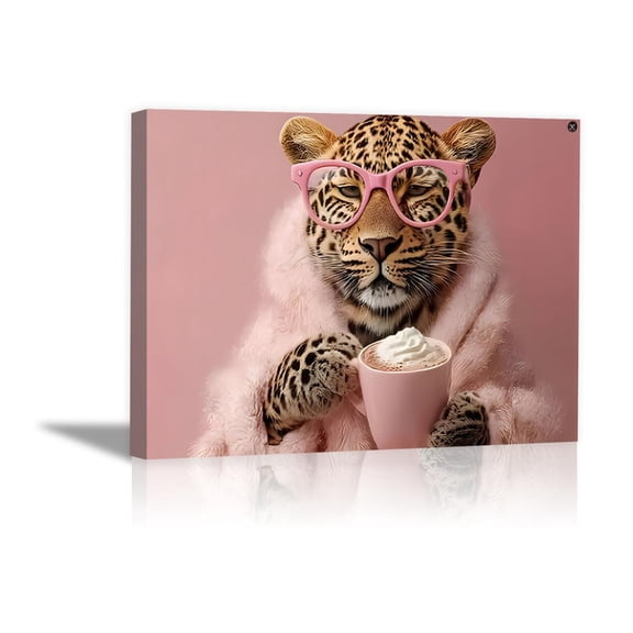 Mudket Leopard with Pink Glasses & Hot Cocoa Canvas Wall Art, Funny Glam Fashion Wall Art for Bedroom Print for Girls Apartment Home Decor , Framed Ready to Hang - 12"L x 8"W