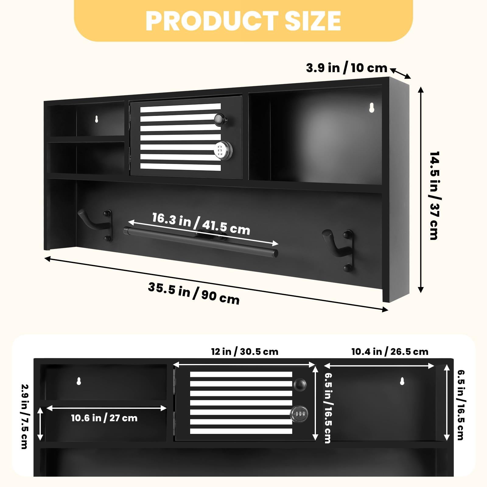 35.5"×14.5"×3.9" Metal Lockable Police Gear Rack with Lockbox Safe, Wall Mounted Tactical Gear Hanger, Hidden Gun Storage Cabinet for Home, Police Department