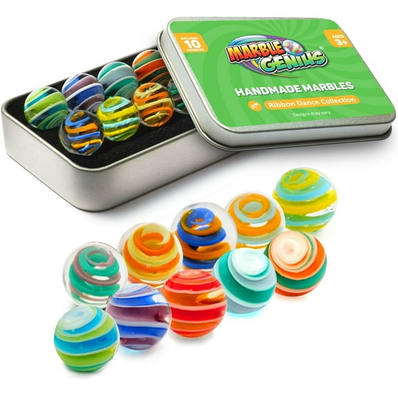 Marble Genius Collectors Marbles, Ribbons, 16mm (⅝ Inch), 10 Handmade Glass Marbles, Gifts for Marble Lovers, Gifts for Kids Ages 3 