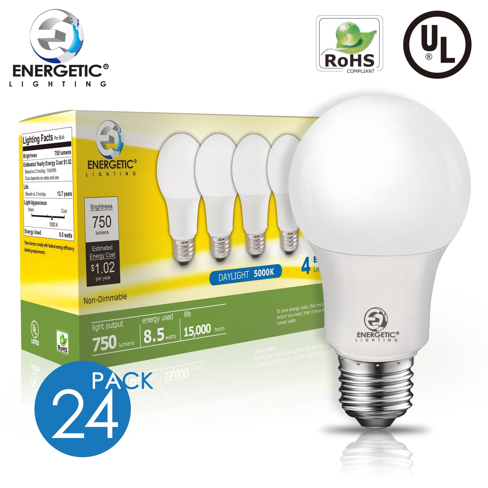 ENERGETIC A19 Light Bulb, 8.5 Watts(60W Equivalent), Daylight, E26 Base, 750lm, UL Listed, 24 Pack -