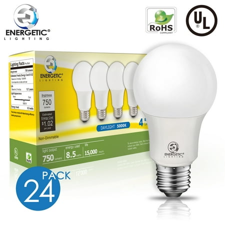 

ENERGETIC A19 LED Light Bulb 8.5 Watts(60W Equivalent) 5000K Daylight E26 Base 750lm UL Listed 24 Pack
