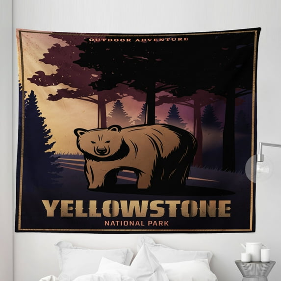 Wyoming Tapestry, Cartoon Design Poster Graphic with Yellowstone National Text Park Bear and Forest, Fabric Wall Hanging Decor for Bedroom Living Room Dorm, 5 Sizes, Multicolor, by Ambesonne