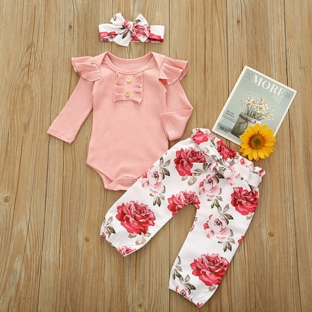 

Hunpta Infant Baby Girls Outfits Solid Color Long Sleeve Ruffle Ribbed Romper Bodysuit Floral Pants Clothes Set