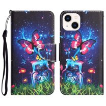 Compatible with iPhone 15 Wallet Case for Women with Credit Card Holders, Magneitc Cute Patterned Designed Flip PU Leather Kickstand Shockproof Cover for iPhone 15, Butterfly