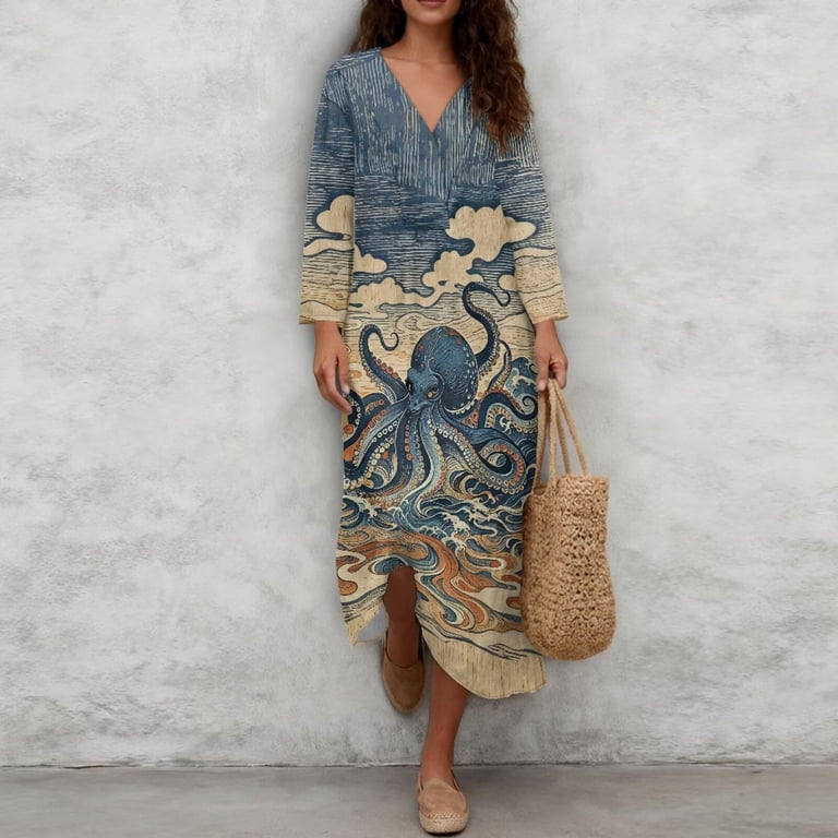 Renewold Octopus Cloud Print Casual Dresses for Women Traditional Japanese Aesthetic Dresses Breathable Loose Swing Oversized Dress Comfortable Fashion Tunic Sundress Swimsuit Coverup, M