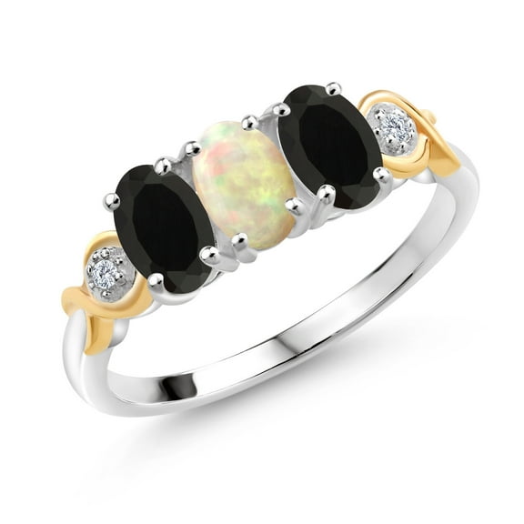 Gem Stone King Oval Cabochon White Ethiopian Opal Black Onyx 1.14 Ct 925 Silver and 10K Yellow Gold Ring (Size 6)