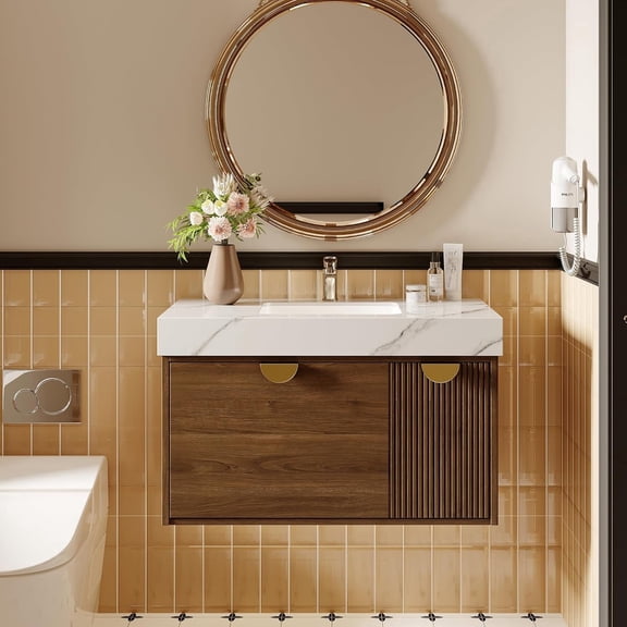 36 Inch Floating Bathroom Vanity with Sink, Brown Modern Bathroom Vanity with White Sintered Stone Countertop, Wall Mounted Bathroom Vanity Storage Cabinet with Drawers, Ceramic Single Sink