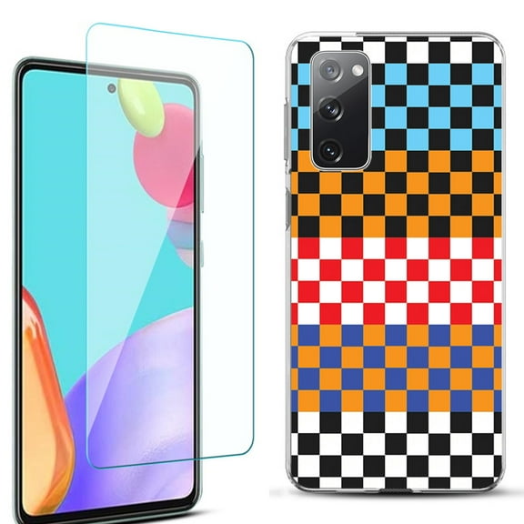 Slim-Fit Protective Phone Case for Samsung Galaxy S20 FE 5G Fan Edition, with Tempered Glass Screen Protector, by OneToughShield ® - Colorful Checker