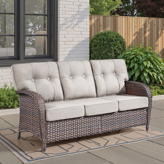 Patio Wicker 3-Seater Sofa, Outdoor Rattan Deep Seat Sofa Couch Furniture with 5" Thick Cushions for Porch Garden Poolside, Beige