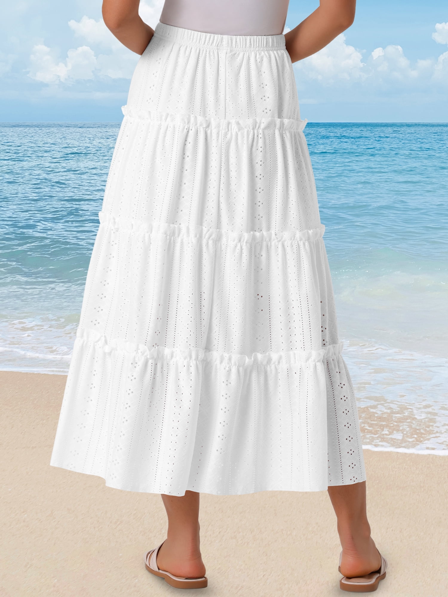 DARING DIVA Women's Elastic Waist Tiered A-line Ruffle Boho Maxi Skirt L White