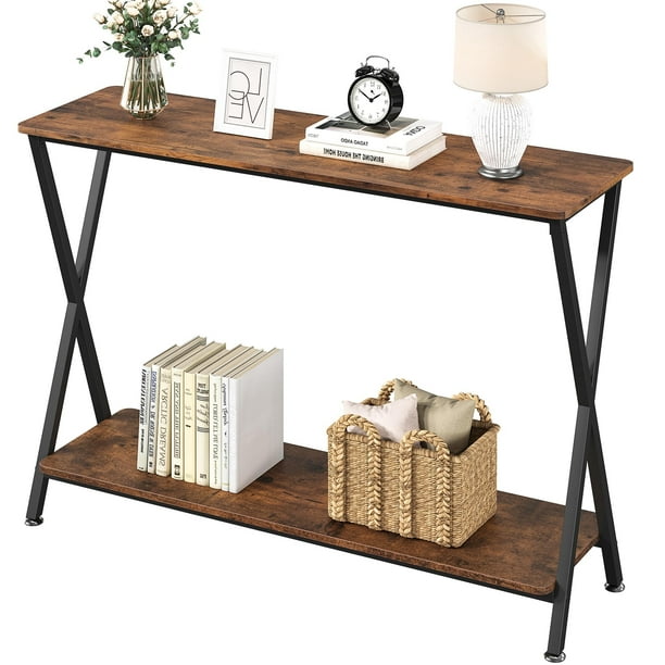 Yeshouse Mesa de entrada, mesa de exhibición industrial de dos niveles con estantes, mesa estrecha para pasillo, vestíbulo, sala de estar, dormitorio