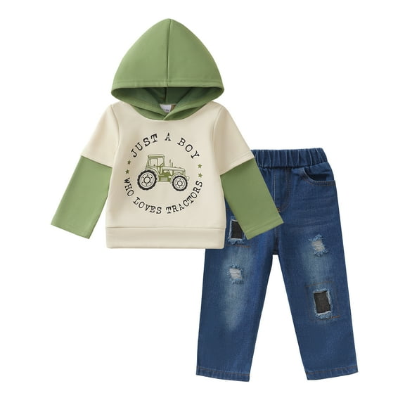 3T Baby Boys Clothes 4T Boys Fall Winter Pant Set Toddler Boys Long Sleeve Letter Print Hooded Top Jeans Pants 2PCS Outfits Set Green