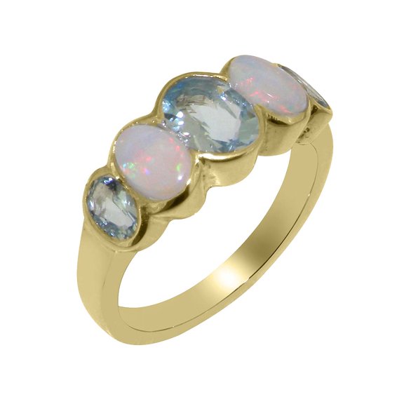 LBG British Made 14k Yellow Gold Natural Aquamarine & Opal Womens Band Ring - 33 size options - Size 10