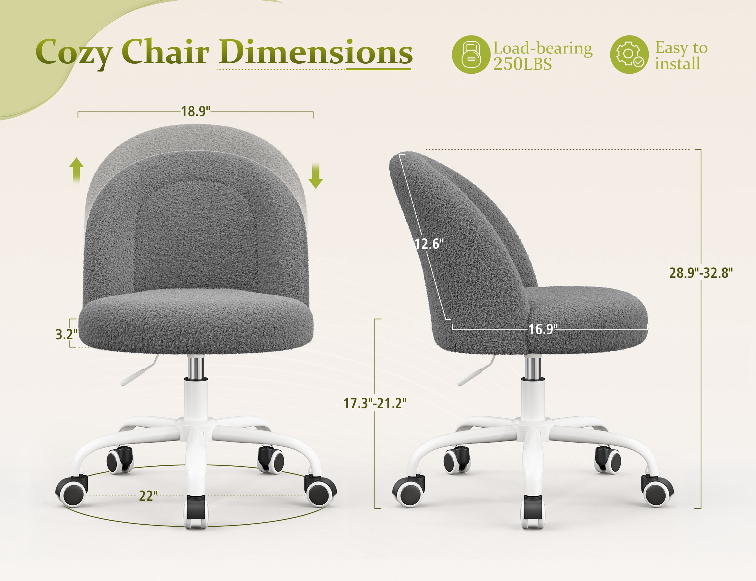 Romorgniz Vanity Chair Height Adjustable Desk Chair with Wheels, Armless Office Chair with Soft Lumbar Support for Small Space, Bedroom, Home office, Grey