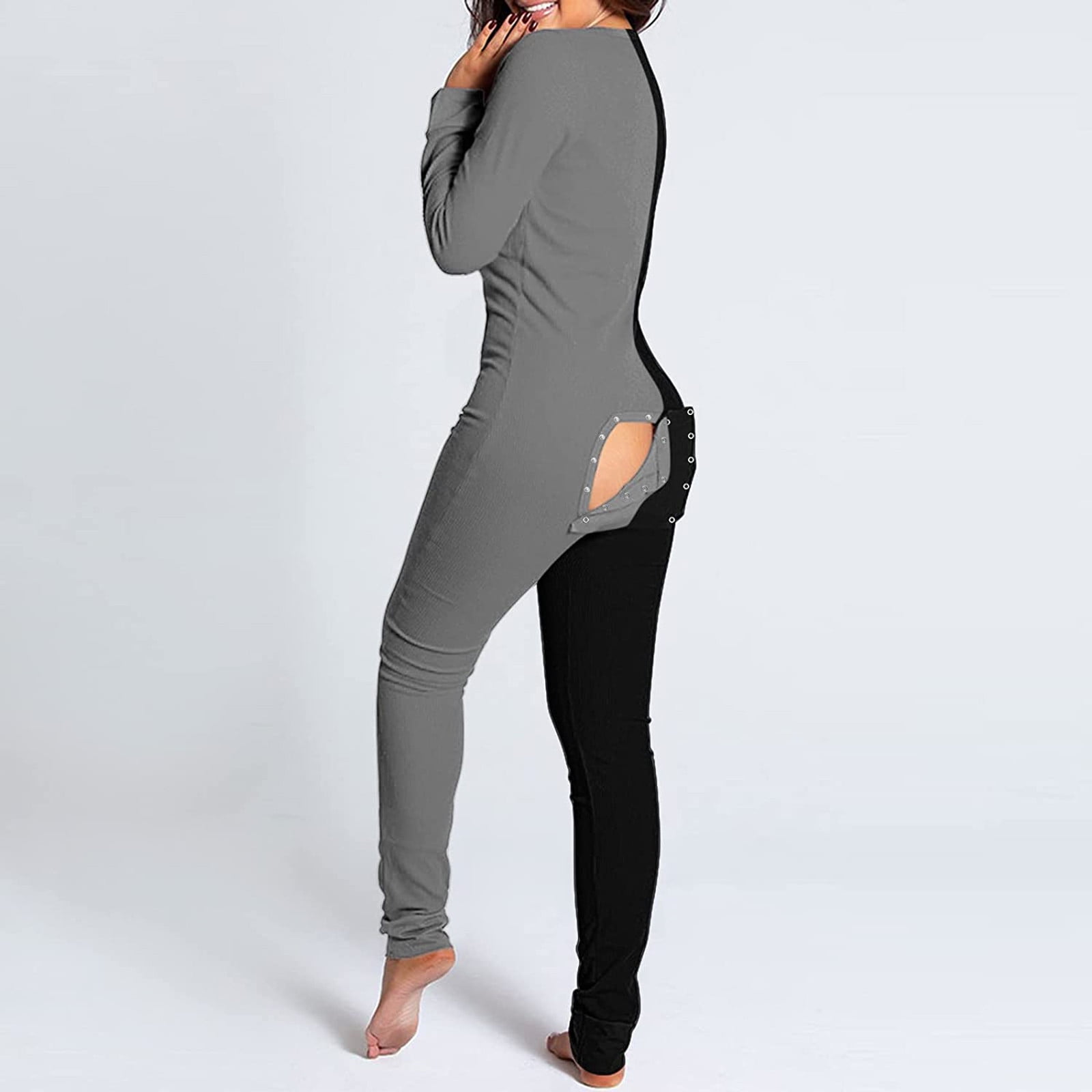 Women s Sexy Butt Button Back Flap Jumpsuit V Neck Long Sleeve Patchwork Romper Bodycon Pajamas Onesies Sleepwear