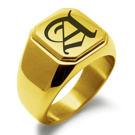 Stainless Steel Letter A Initial Old English Monogram Engraved Engraved Square Flat Top Biker Style Polished Signet Ring