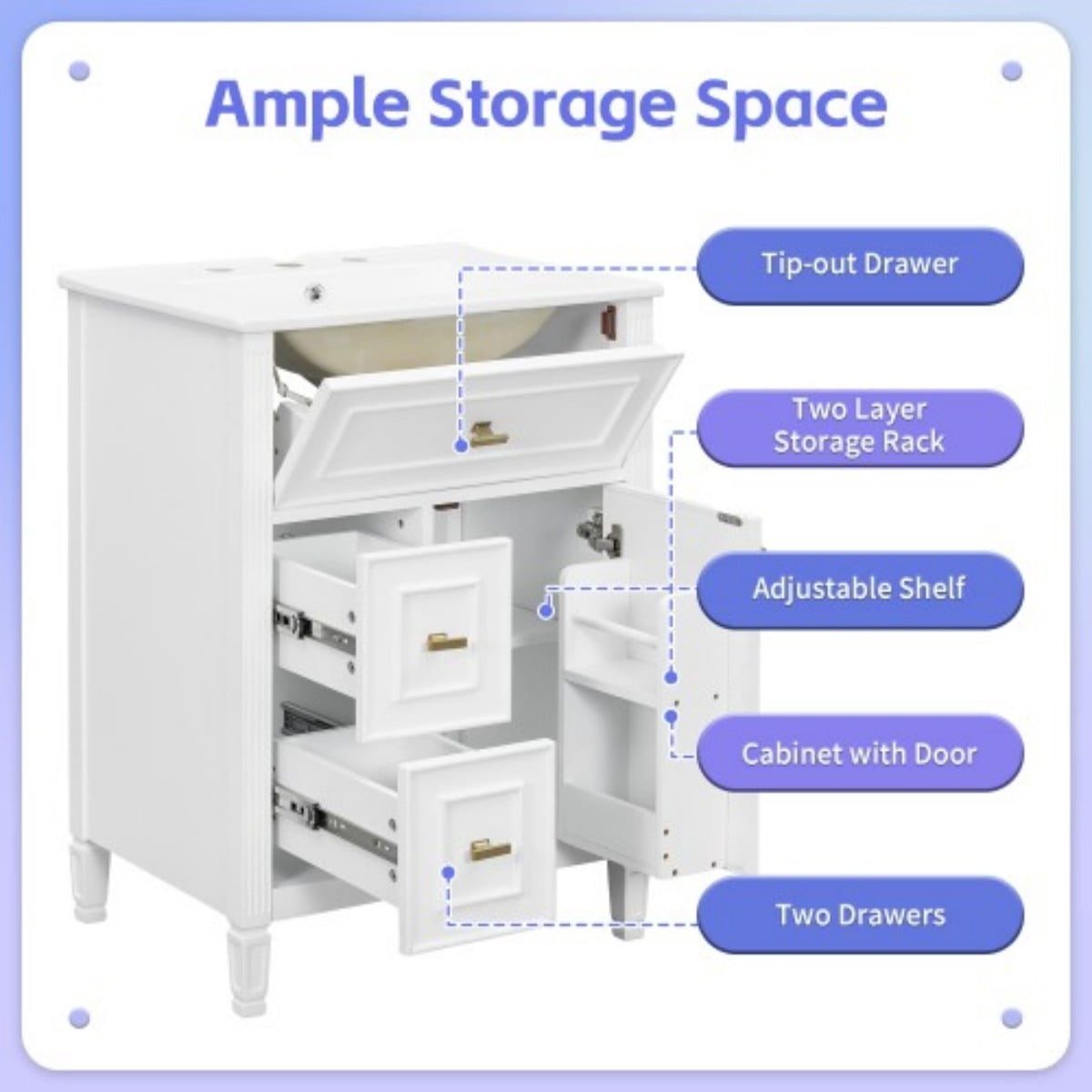 24" Bathroom Vanity with Sink, Modern Bathroom Cabinet with Ceramic Undermount Sink, Solid Wood & MDF Storage Cabinet with Flip Drawer, Adjustable Shelf, White