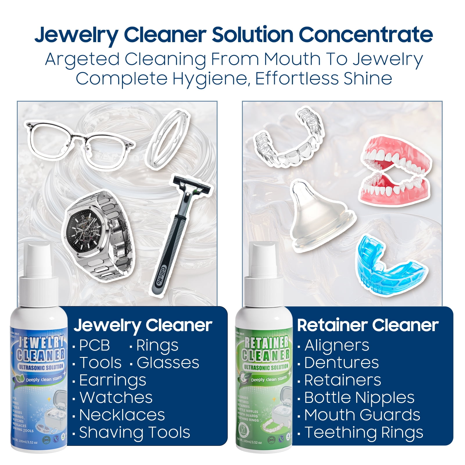 Professional Ultrasonic Jewelry Cleaner with Solution, 20oz 550ML Sonic Cleaner for Silver, Gold, Diamond Rings, Necklaces, Retainers, Eyeglasses, Dentures, 304 Stainless Steel Tank with Lights