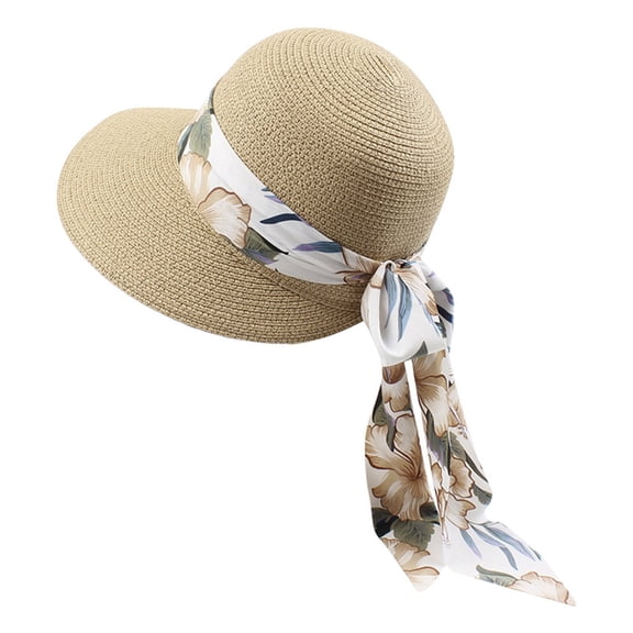 Wide Brim Straw Sun Hat with Floral Scarf Band, Women's Summer Outdoor Beach Cap, UPF 50 Vacation Headwear