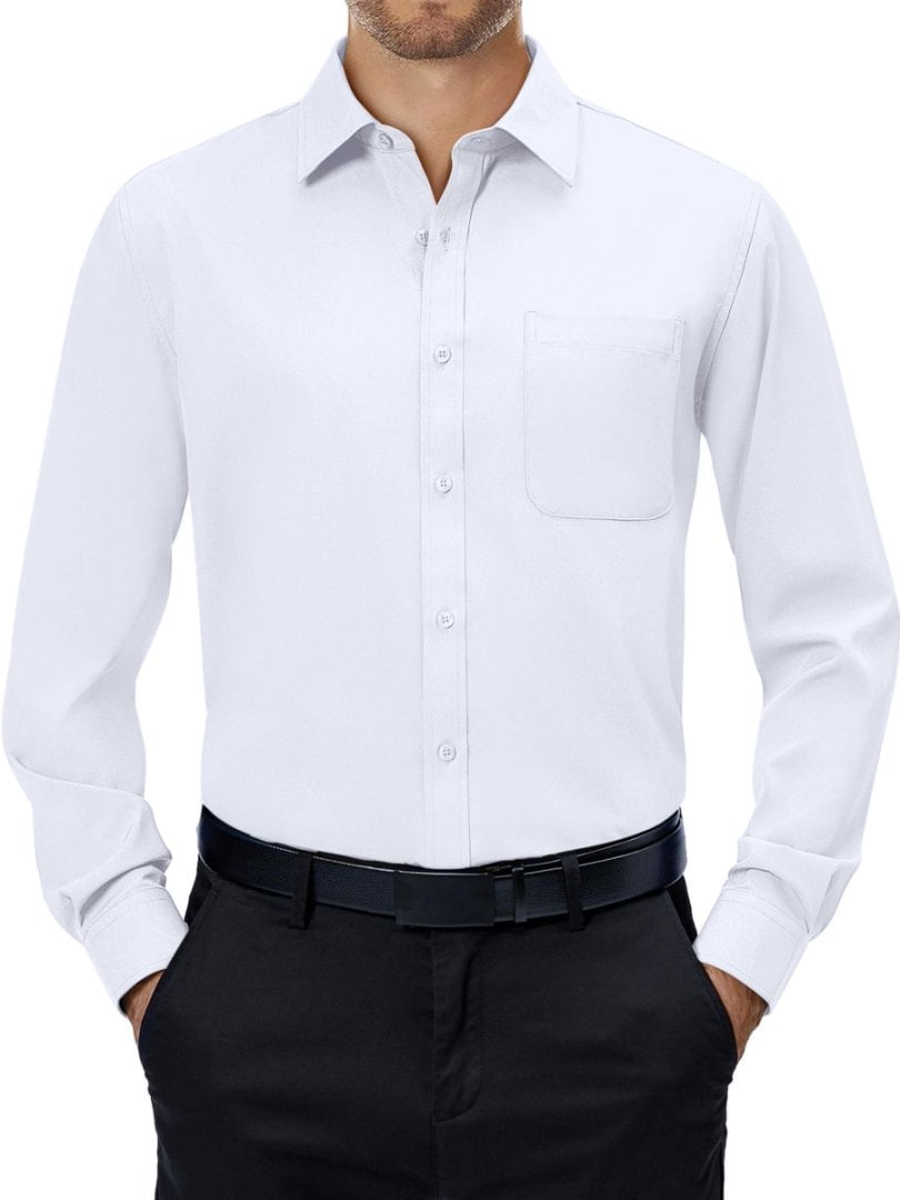 sogami Mens Long Sleeve Collared Button-up Shirt Regular Fit Solid Wrinkle-Free White Dresses Shirt Business Casual