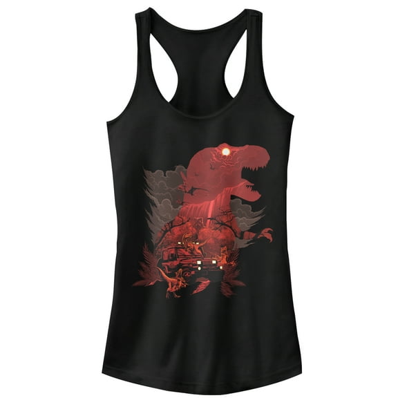Junior's Jurassic Park T.Rex, Velociraptor Invite You To Visit Beautiful Landscape  Racerback Tank Top Black Small