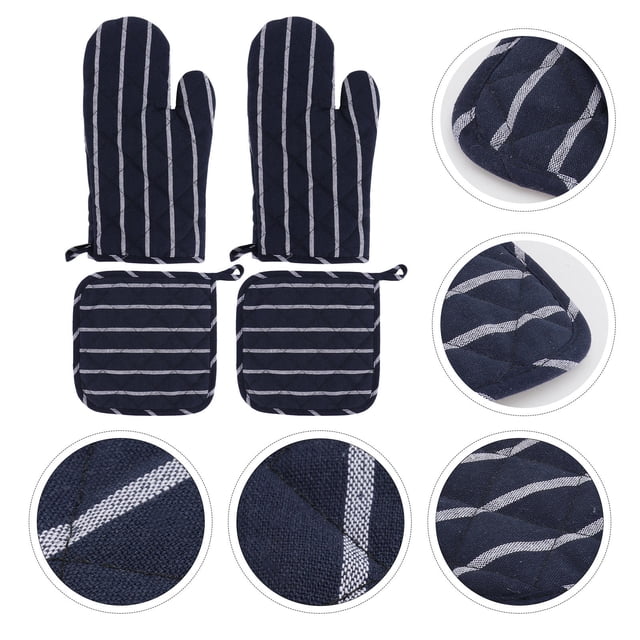 OULII 2Set Blue Oven Mitt Set with Pot Holder Machine Washable Cotton Kitchen Accessories