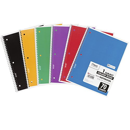 Mead Spiral Notebook, 1 Subject, 70 College Ruled Sheets, Assorted Colors, 6 PACK (73065)