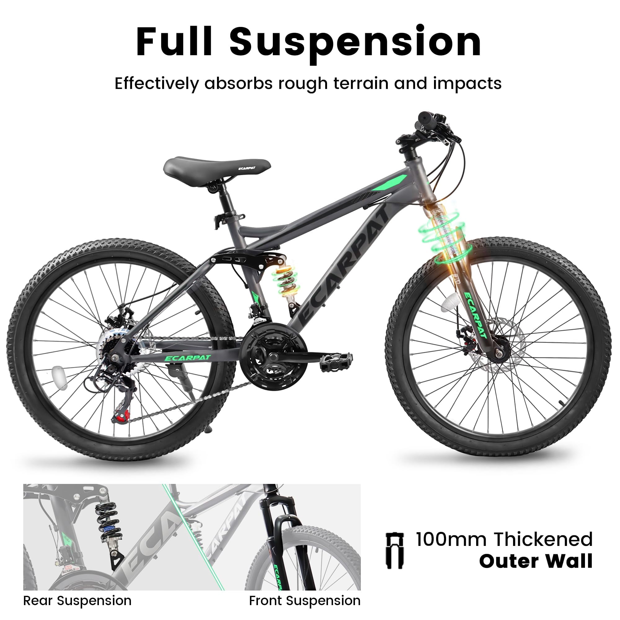 HappyToysWorld 24 Inch Mountain Bike with Dual Full Suspension & 21 Speeds, Front and Rear Disc Brakes, High-Tensile Steel Frame for Men and Women, Outdoor Riding